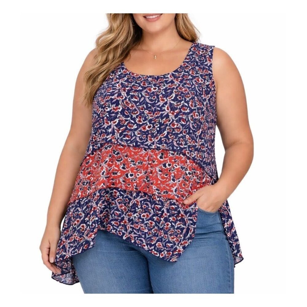 Energe brand women's blouse 3XL sleeveless floral tiered navy & Orange tank top